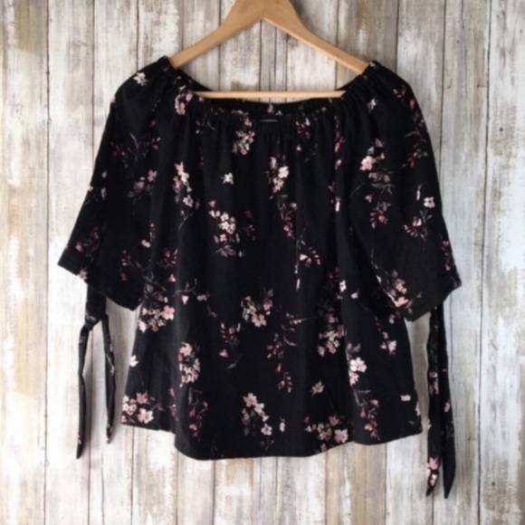 FRNCH Tops - FRNCH Black Floral Off The Shoulder Tie Sleeve Blouse